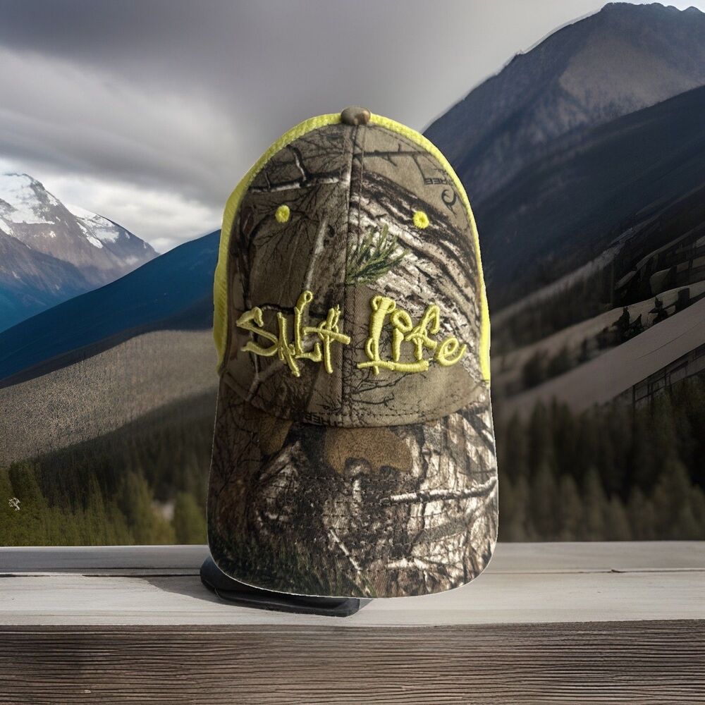 Salt Life Camo Trucker Hat Mens Neon Yellow Realtree Mesh Back Snapback Cap
